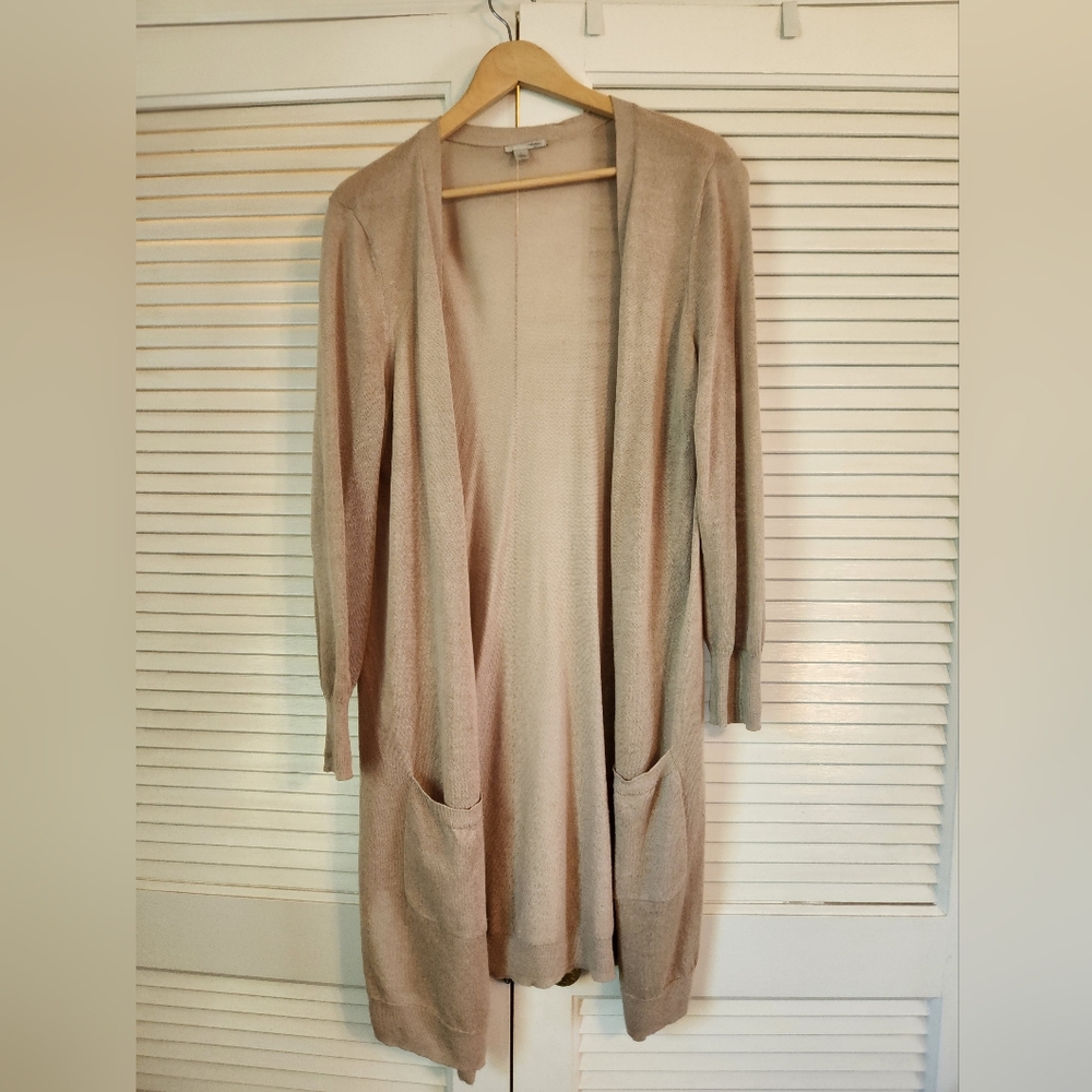 Halogen Women's L Beige/Tan/Kaki Linen Blend Open Front Duster Cardigan Pockets